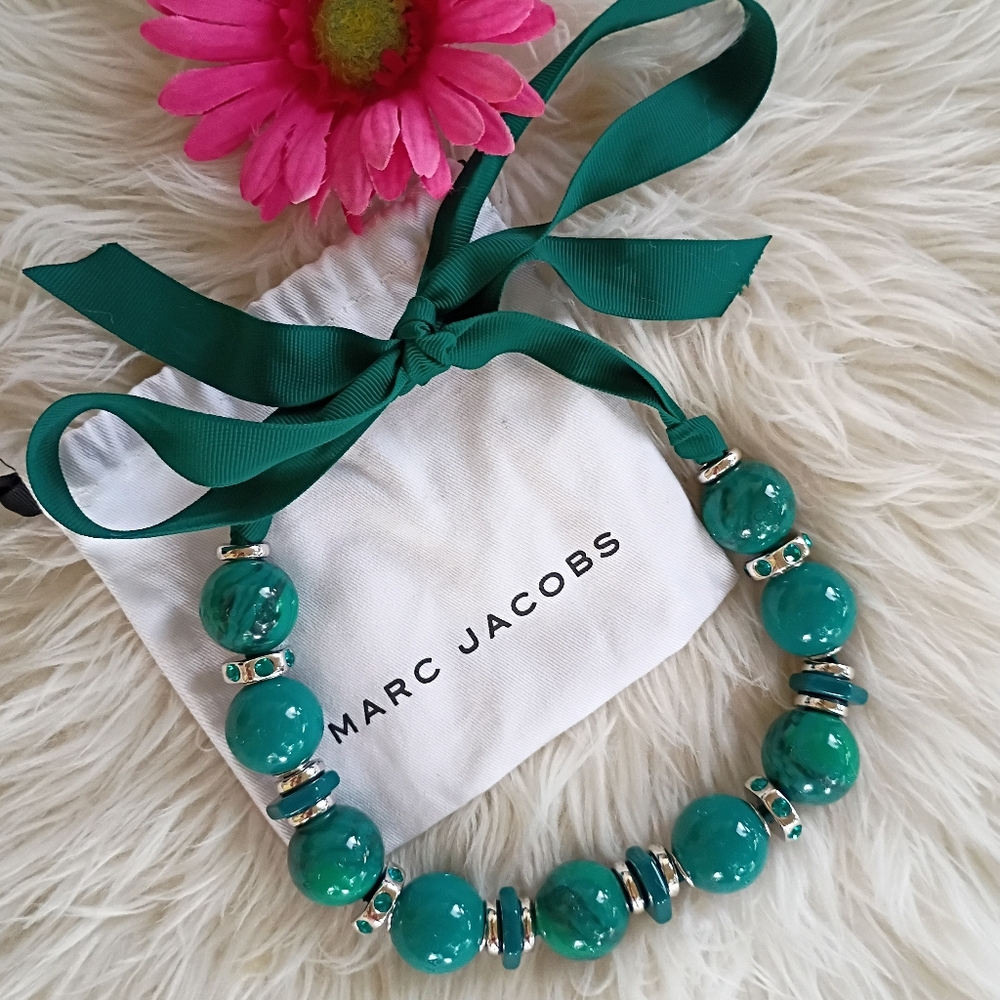 Rare Marc Jacobs Teal Green Logo Engraved Bubblegum Beaded Ribbon Bow Necklace
